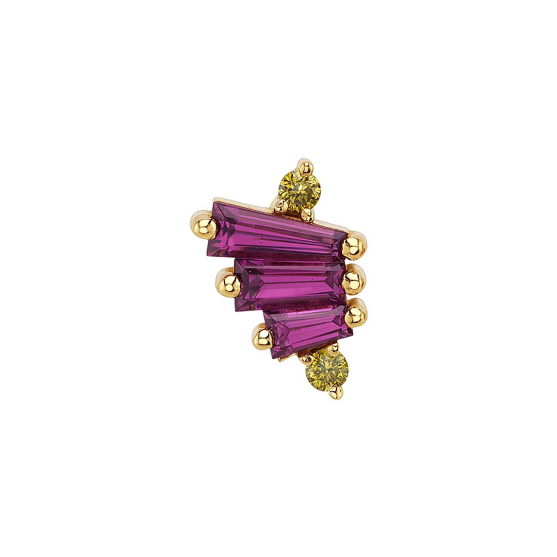 A gold piercing stud set with three fan-arranged tapered baguette-cut magenta stones and two small round yellow-green accents, on a white background