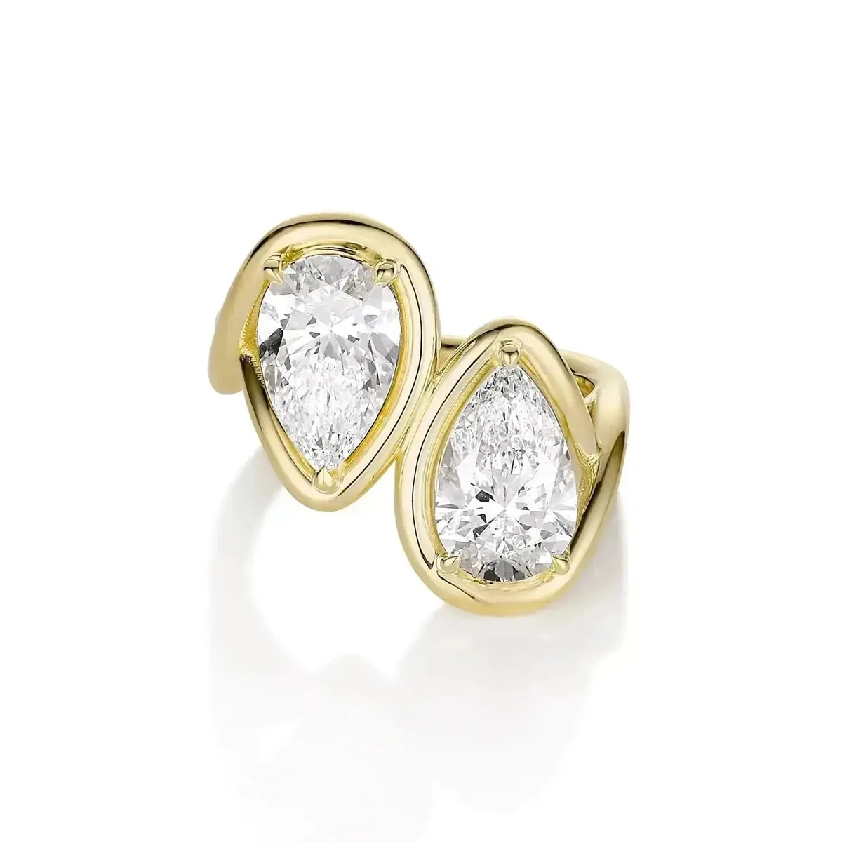 Yellow gold bypass ring with two pear-shaped lab diamonds by Marrow Fine