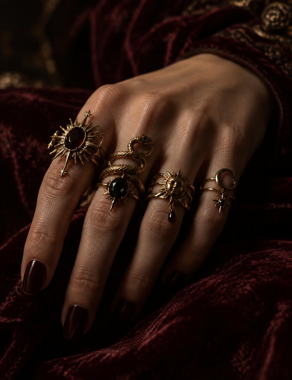 A hand styled with unusual celestial gold rings