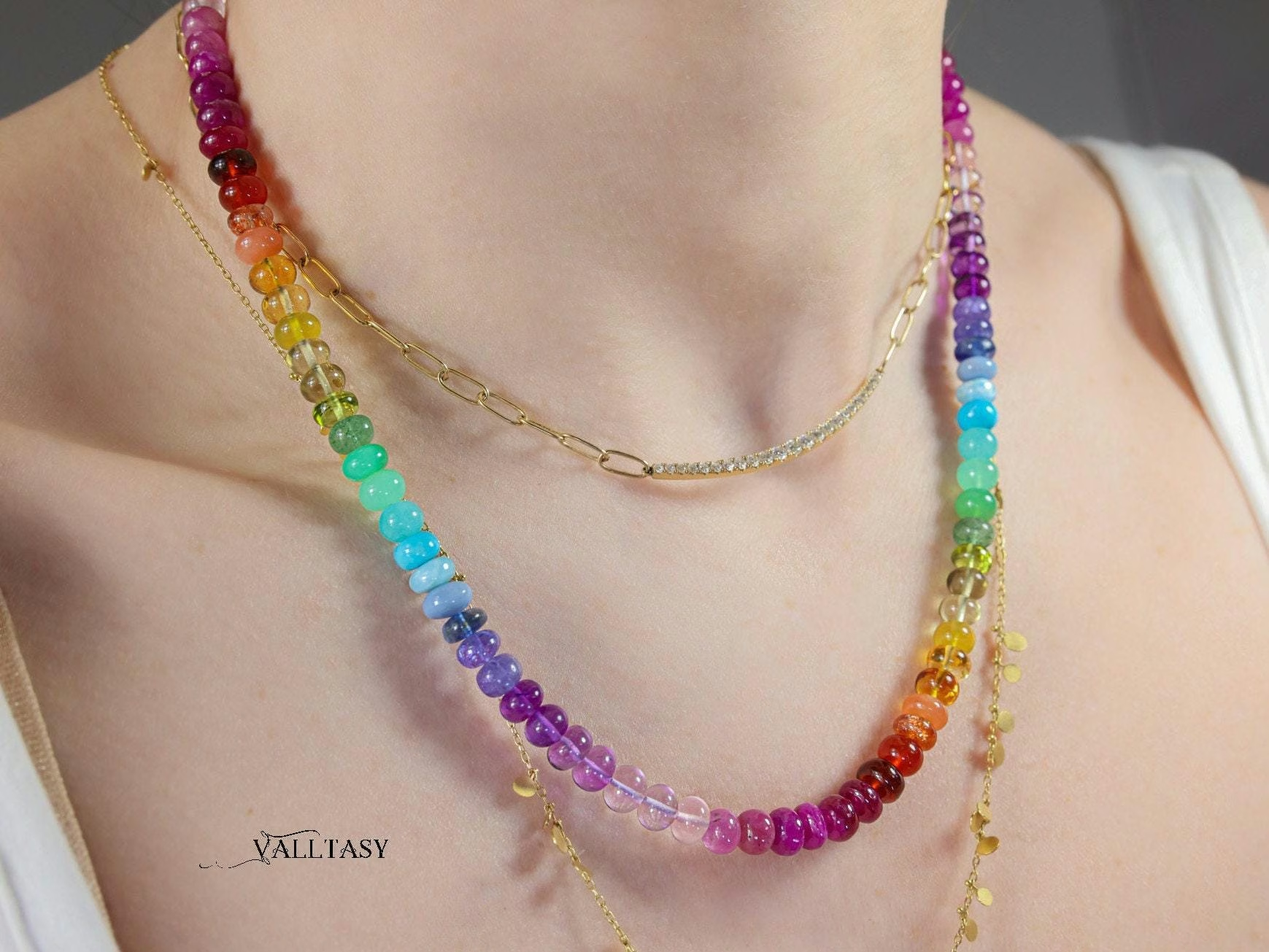 Layered rainbow gemstone necklace by Valltasy