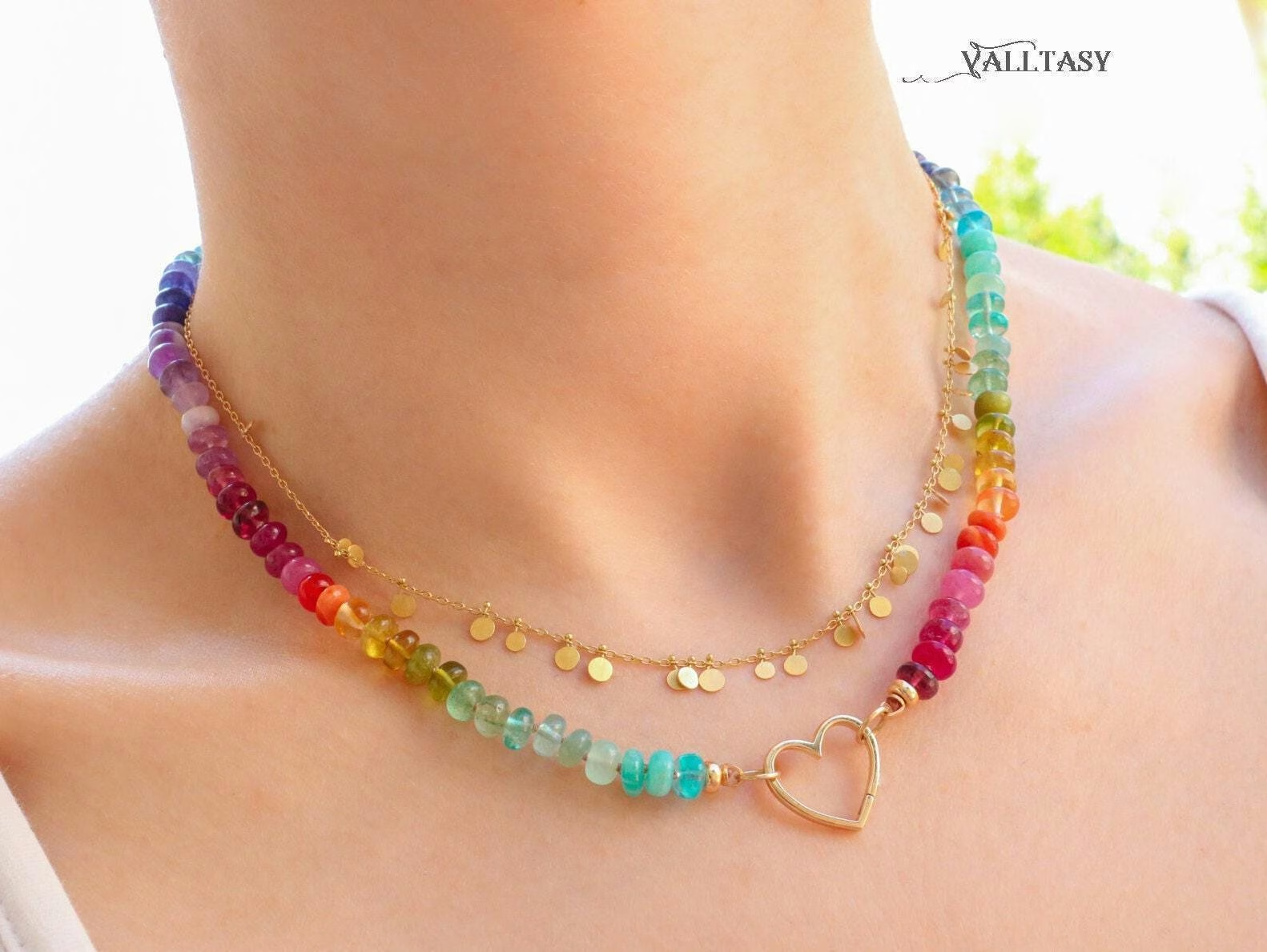 Rainbow gemstone heart-clasp necklace by Valltasy
