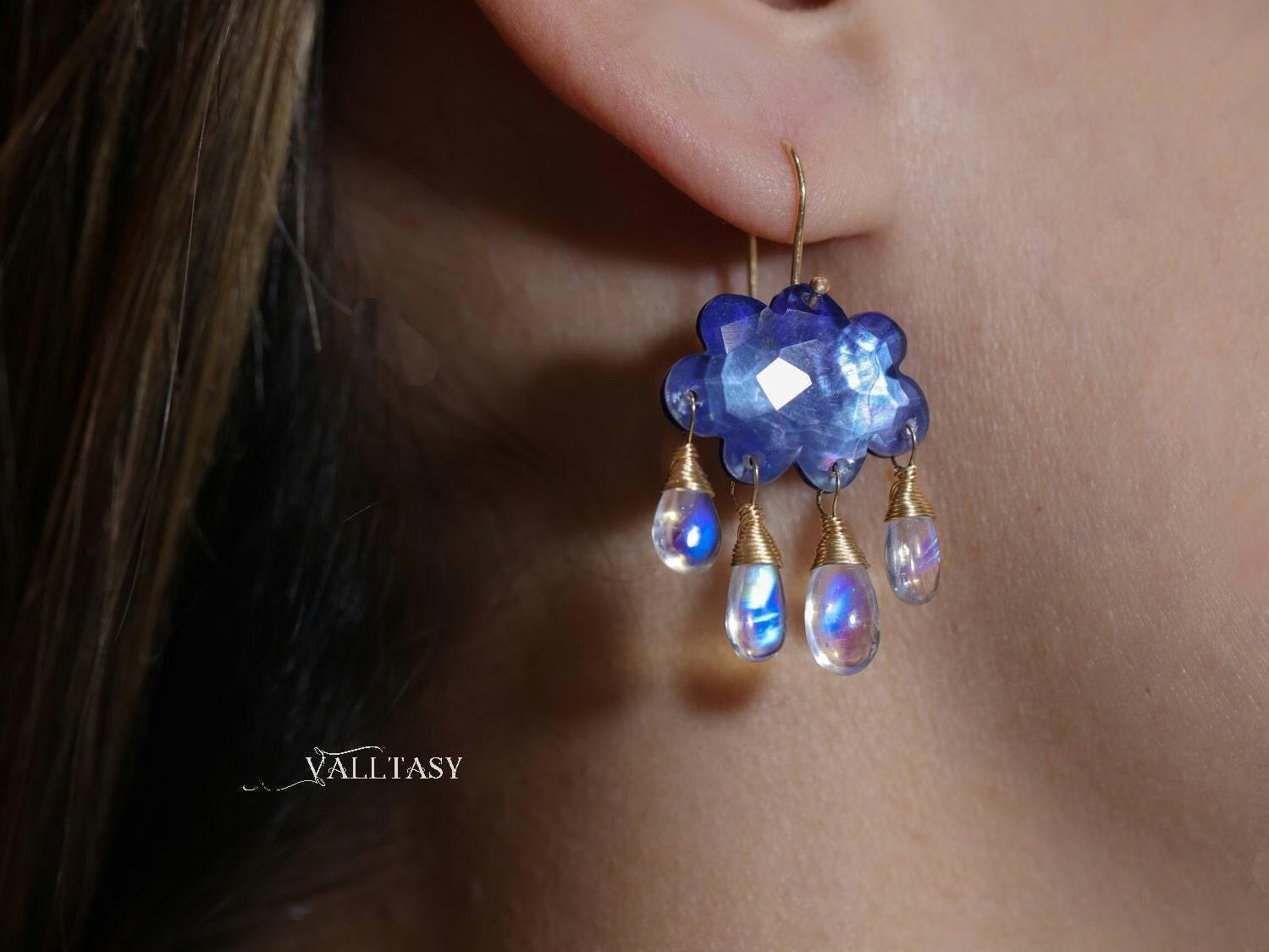 Blue gemstone and moonstone drops by Valltasy
