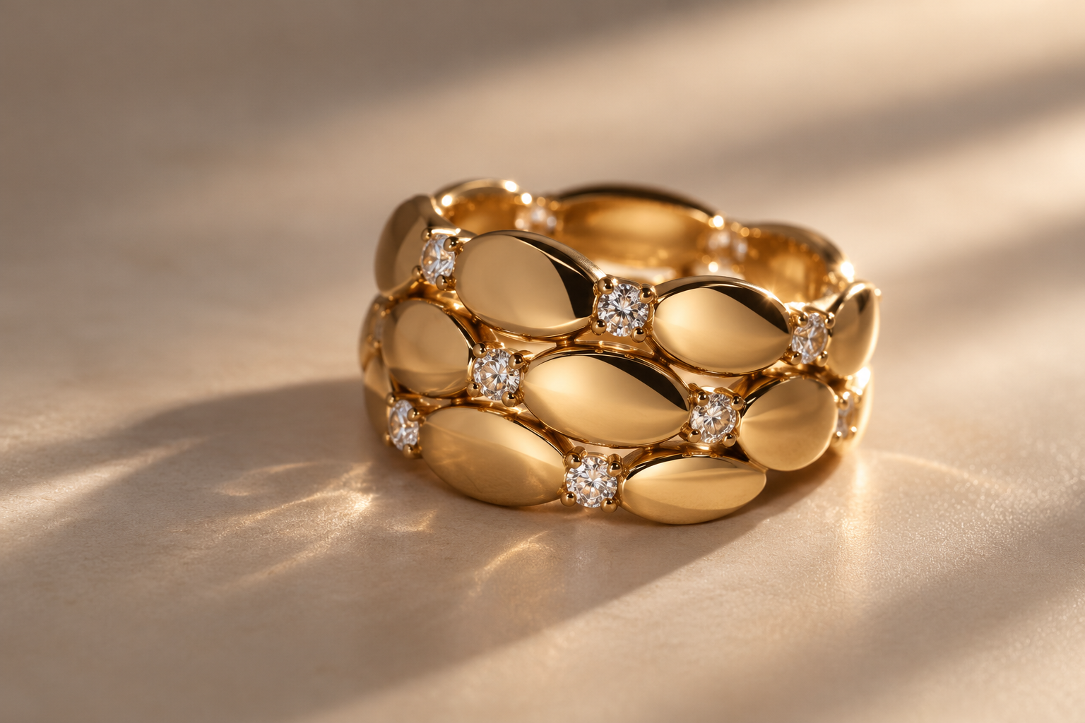 Photorealistic AI-generated image of a sculptural gold ring with diamonds, not a photograph of a verified physical product.