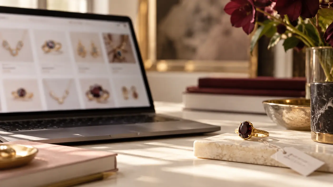 A gold ring set with an oval garnet rests on a marble block beside a laptop showing a grid of jewelry products, with dark red flowers in the background.