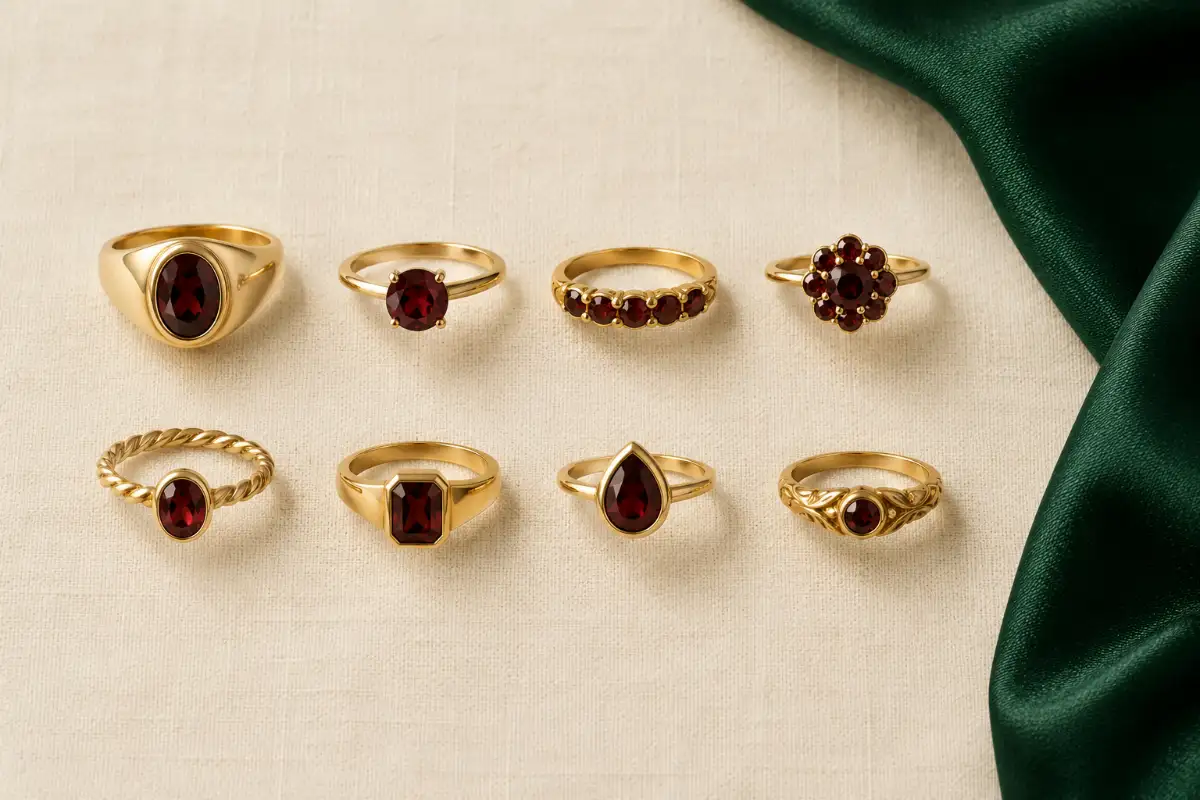Eight gold rings set with garnets, each a different style, laid out in two neat rows on ivory linen beside a fold of emerald silk.