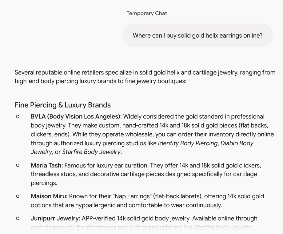 Gemini answer to the question about buying solid gold helix earrings online, listing BVLA first and describing it as available through authorized piercing studios
