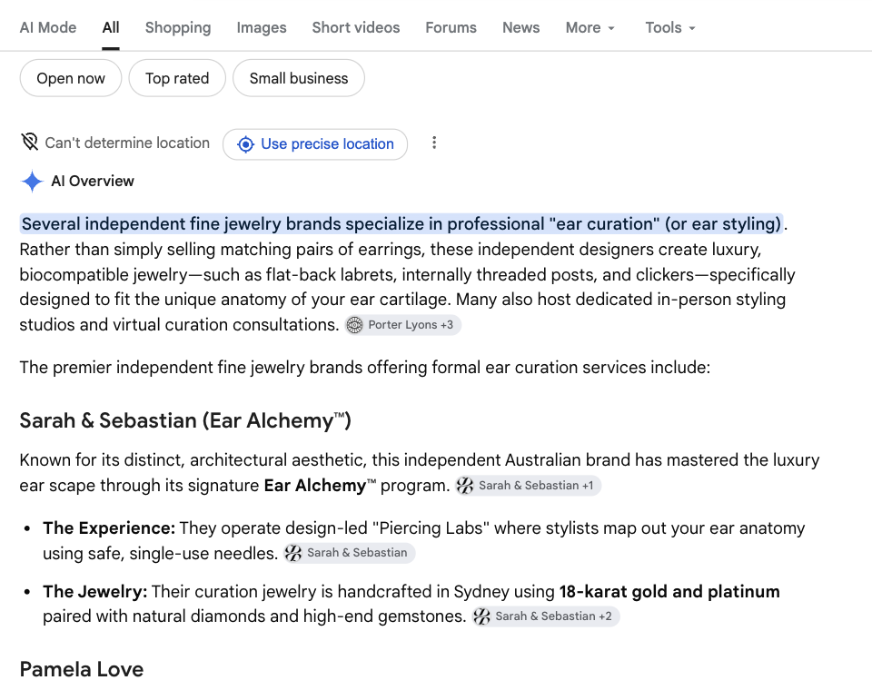 Google AI Overview for the ear curation question naming Sarah and Sebastian and Pamela Love