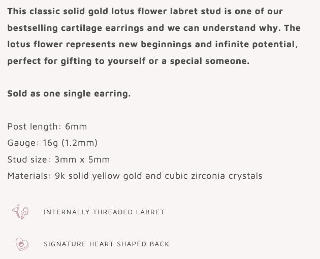 Laura Bond product page text stating post length 6 mm, gauge 16g, stud size 3 by 5 mm, materials, internally threaded labret and heart-shaped back